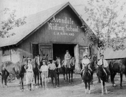 Stables with the words Avondale Riding School painted on the front