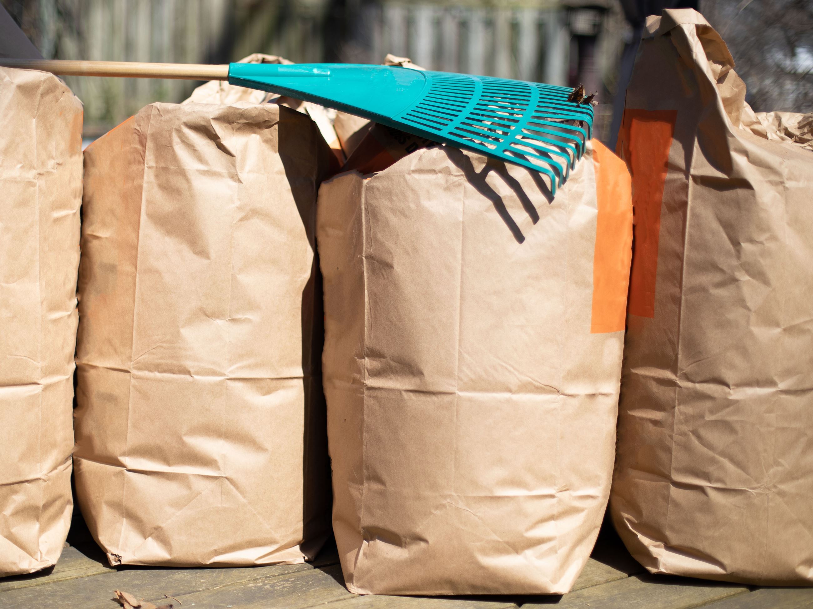 brown yard waste bags with rake on top