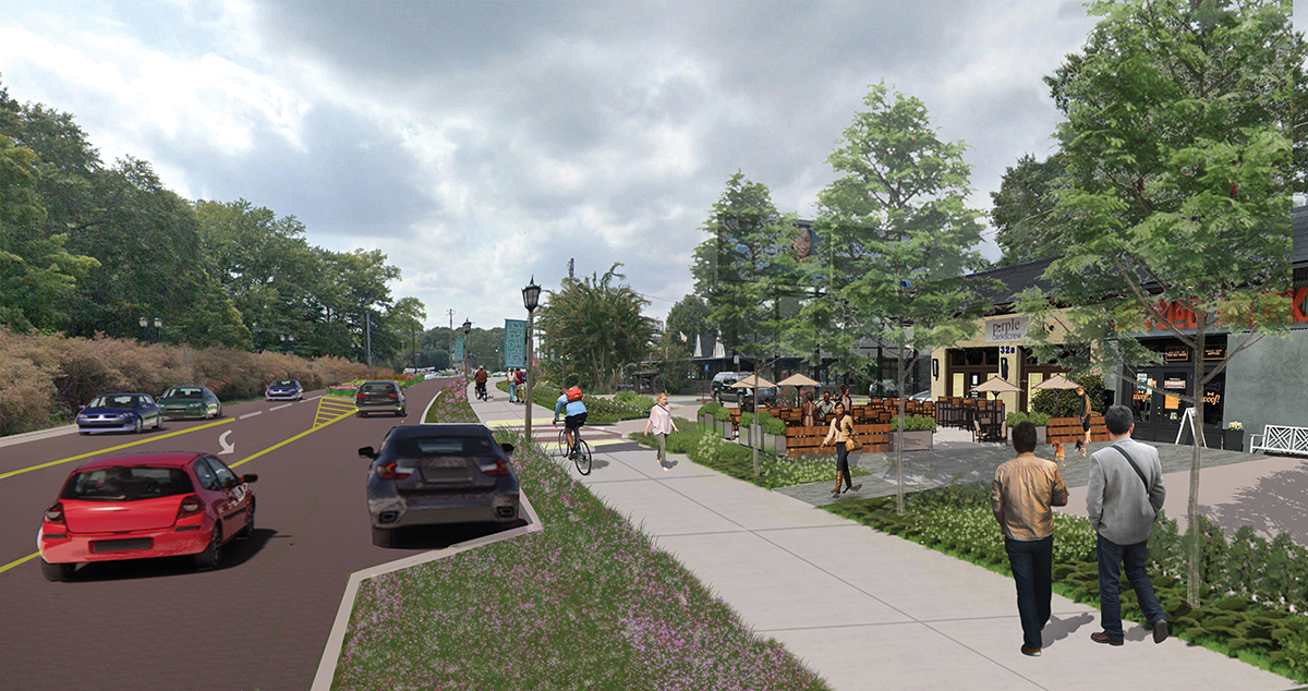 Rendering of N Avondale Rd with reduced lanes, multimodal path and enhanced appeal