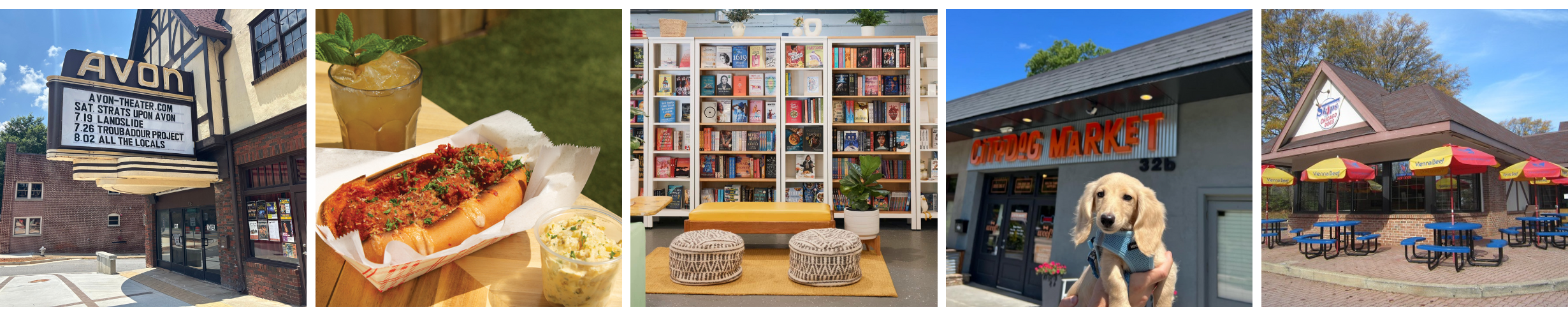 Banner Image Showing off Downtown Businesses in Avondale Estates Such as a Theater, a Hot Dog, a Boo