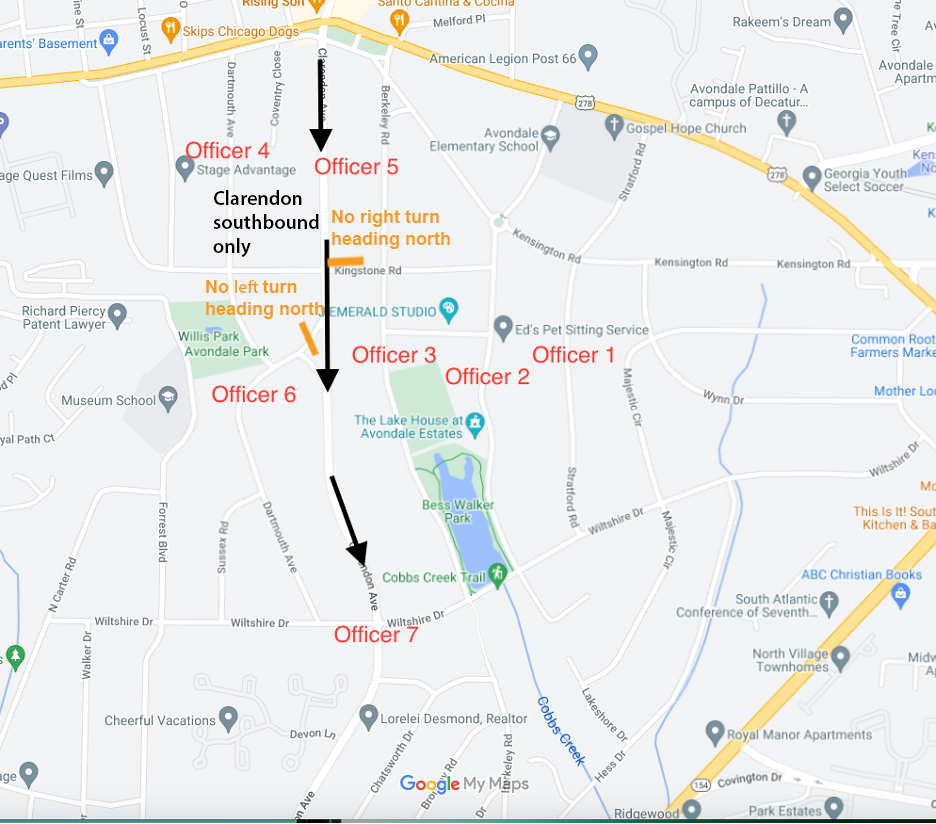 map showing one-way traffic on Clarendon and barricades in the Avondale Estates neighborhood